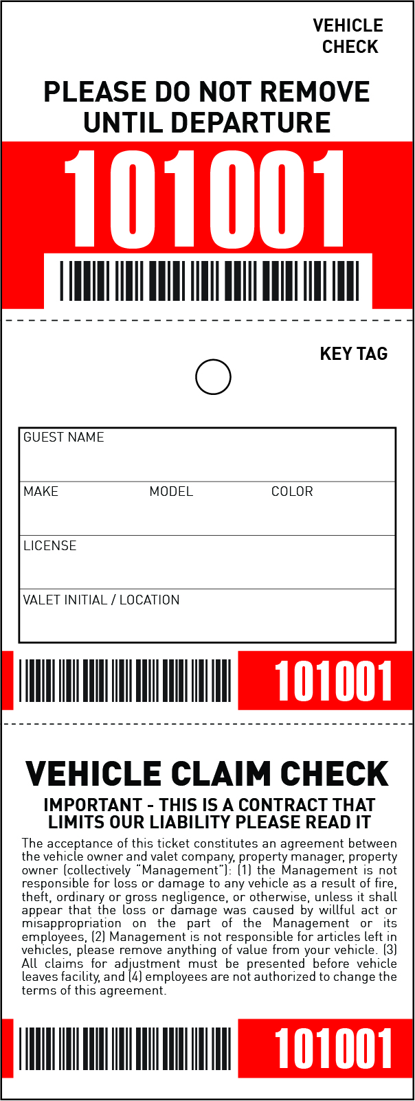 3 Part Barcoded Valet Ticket (3in x 8in)